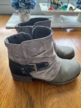 Earth Gray and Black Suede Buckle Ankle Boots